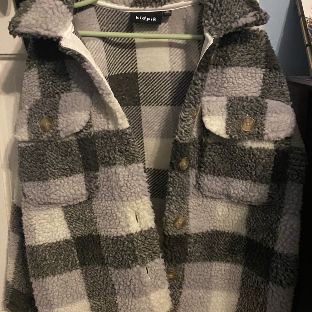 Kidpik Gray and White Plaid Sherpa Jacket 7/8